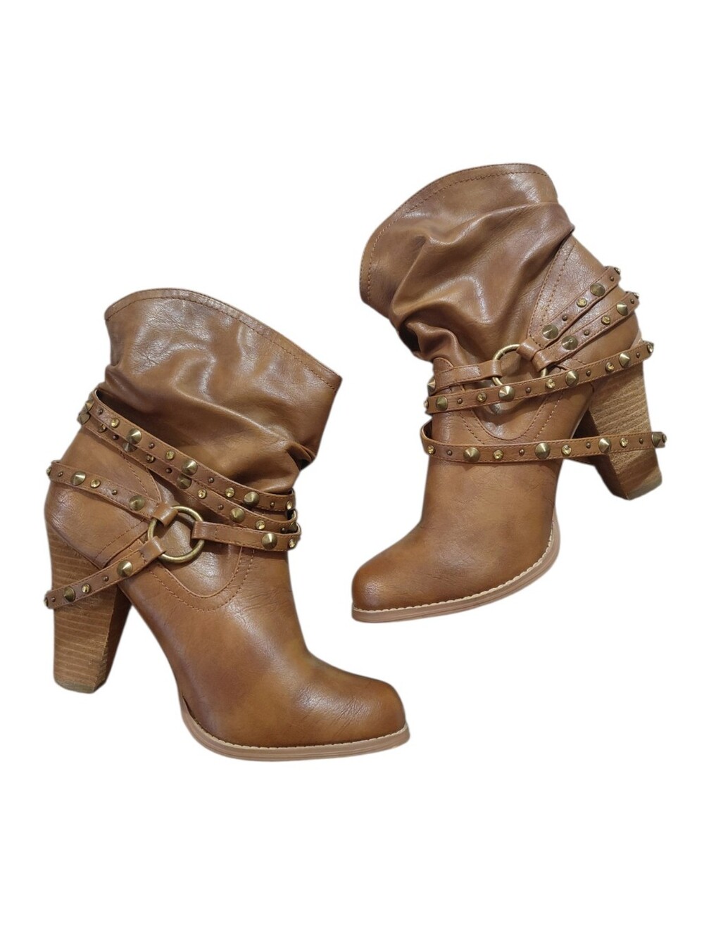 Not Rated Studded Brown Slouch Ankle Boots Size 10 Belted Western Booties